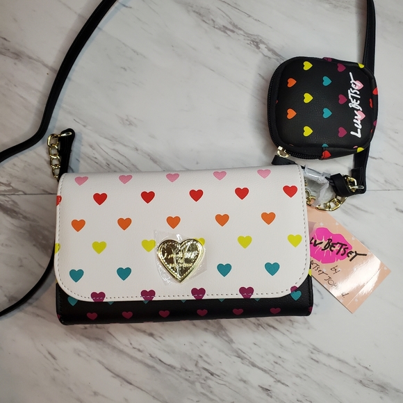 Luv Betsey Black and White Foley Purse with Rainbow Hearts and Earbud Pouch - Picture 7 of 8